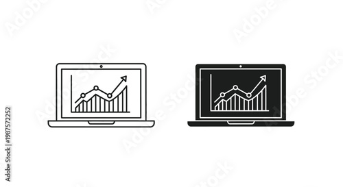 Two laptop icons displaying upward trending graph data in black and white