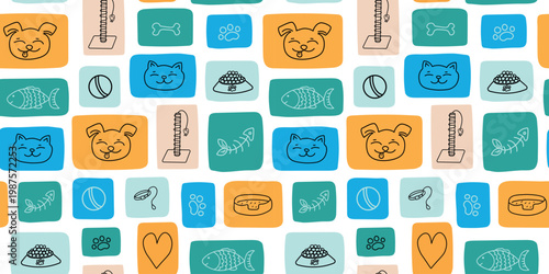 Muzzles for cats and dogs. Seamless pattern. Pets on tiles. Drawings, doodles. Pet products, food, toys, and accessories for grooming and feeding cats and dogs. Wallpaper, decor.