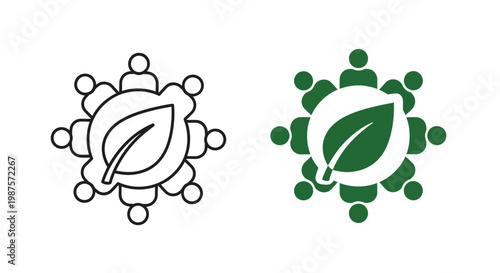 People gathered around a leaf depicted in two color schemes