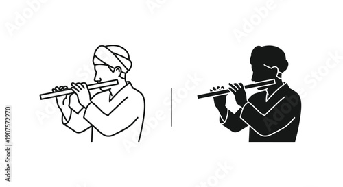 A musician playing a flute depicted in contrasting black and white styles