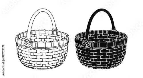 Two woven baskets one light and one dark shown in a sketch style