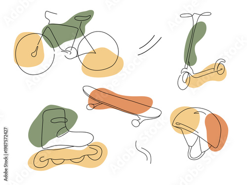 Set of kids transport including bicycle scooter skateboard roller skate and helmet in one line drawing style for active lifestyle theme