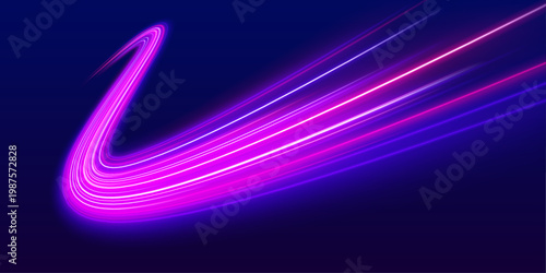 Pink and cyan light waves race across night expressway. Motion blur enhances digital speed illusion and depth flow. Abstract road .