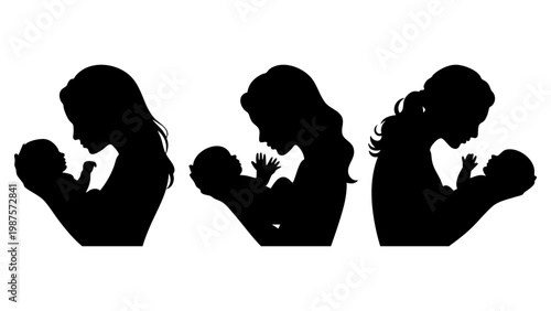 Mother and newborn baby silhouettes set vector, Collection of mother holding infant silhouettes, Motherhood and child bonding black silhouette icons, Set of maternal love and parenting vector illustra