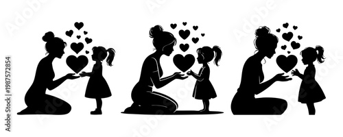 Mother and daughter silhouette set with hearts for mothers day, Collection of black vector illustrations of mom and child bond, Minimalist mother and daughter silhouette sharing love hearts, Parenting