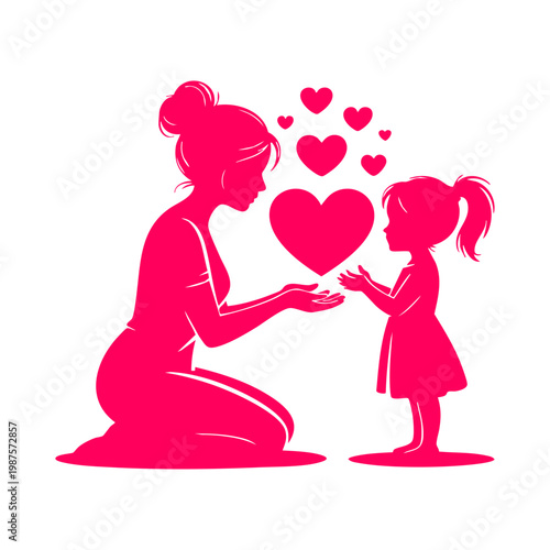 Mother and daughter silhouette with hearts for mothers day, Minimalist pink vector illustration of mother sharing love with child, Motherhood and parenting concept with woman and daughter silhouettes