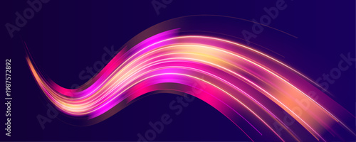 Orange light streaks form fast highway vortex. Motion blur enhances digital depth and flow. Cyber road energy.