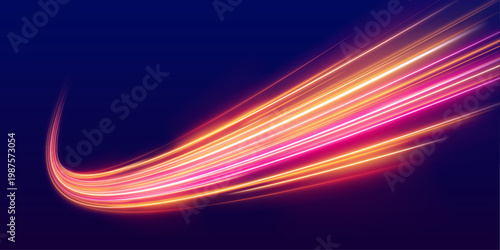 Neon orange waves flow along fast expressway. Energy trails create dynamic motion flow. Night speed.