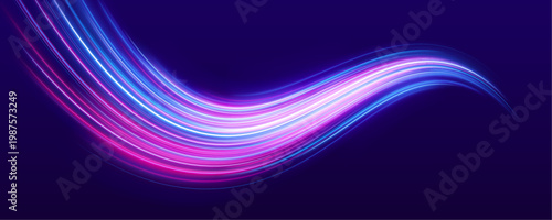 Blue and purple neon streaks create high-speed road flow. Energy particles form curved motion paths. Night city.