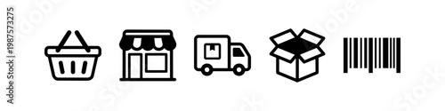 Set of E-commerce and Logistics Vector Icons featuring Shopping Basket, Retail Storefront, Delivery Truck, Open Box, and Barcode for Retail and Business Web Design.