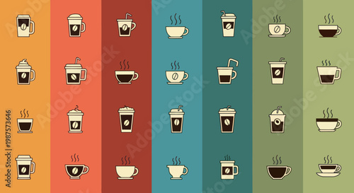 Collection of hot coffee drinks in various cups and mugs.