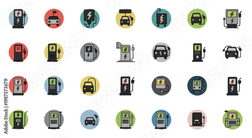 Electric Car Charging Station Icons Set.