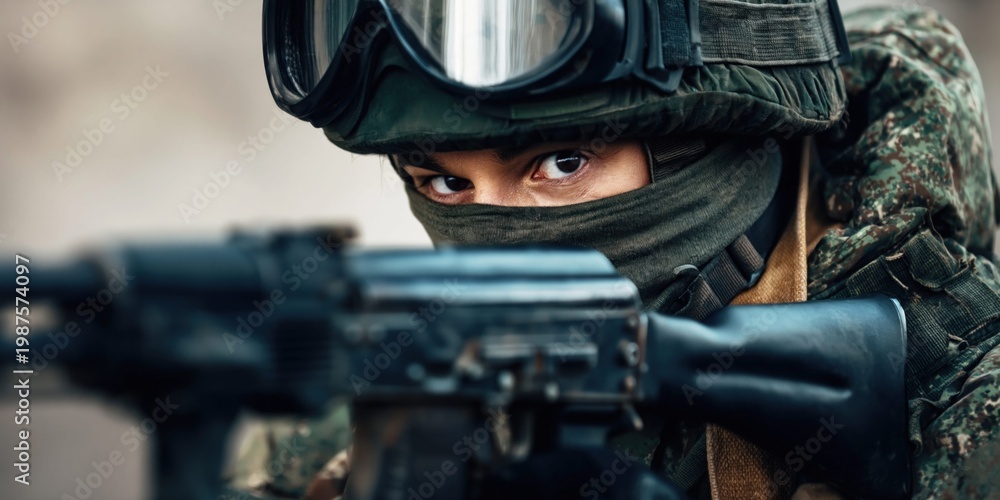 Naklejka premium Soldier in camouflage gear aims a rifle, intense gaze through protective goggles