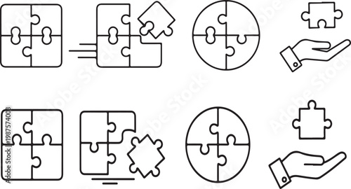  A set of four line icons depicting puzzle pieces in various configurations on a white background