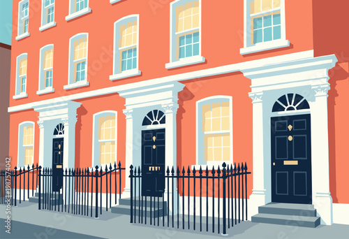 clean illustration row classic, symmetrical London townhouses Focus repeating black front doors white pillars Elegant clean No text, blank area custom copy