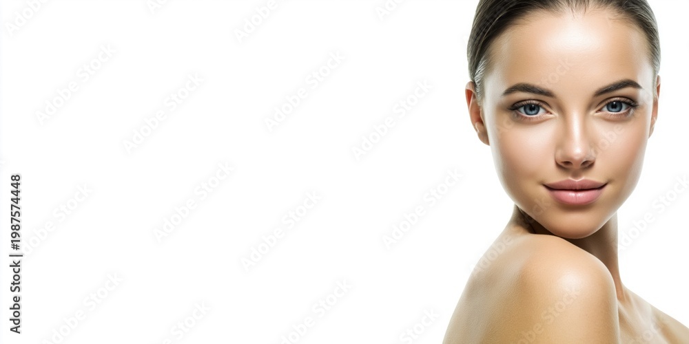 Obraz premium Beautiful woman with flawless skin and blue eyes, portrait with copy space