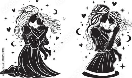 Black and white illustration of a woman kneeling and hugging a little girl surrounded by hearts stars and moons on a white background