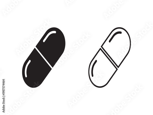 Two capsule pills illustration one solid one open depicting medication and pharmaceutical concepts