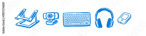 Blue hand-drawn icons of tech gadgets including laptop stand, webcam, keyboard, headphones, and smartphone. Sketchy doodle style for remote work, gaming, and digital lifestyle concepts.