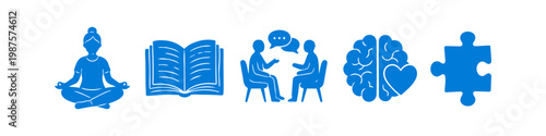 A set of blue mental health and wellness icons representing meditation, education, therapy, emotional intelligence, and problem solving on a white background.