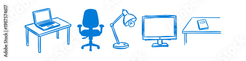 Hand-drawn blue doodle icons of office furniture and technology including laptop, desk, chair, lamp, and monitor. Creative workspace elements for business and education designs.
