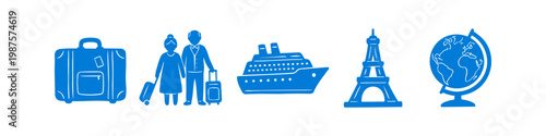 Set of blue travel icons featuring a suitcase, senior couple, cruise ship, Eiffel Tower, and globe. Perfect for retirement tourism, vacation planning, and global travel themes.