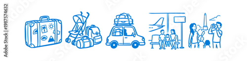 Hand-drawn blue line art icons of family travel: vintage suitcase, road trip car, airport waiting area, and sightseeing scenes. Perfect for vacation, holiday, and tourism concepts.