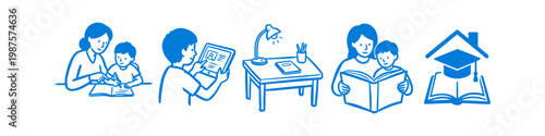 Blue line art illustrations depicting homeschooling themes: parent teaching child, student using digital tablet, study desk, reading books, and education at home icons on white background.