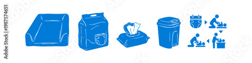 Set of blue baby changing icons including a changing mat, pack of diapers, wet wipes, and a diaper pail, alongside a process diagram for nursery care and hygiene.