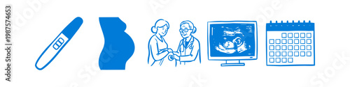 Blue hand-drawn icons illustrating the pregnancy journey: positive test, pregnant belly, prenatal checkup with a doctor, ultrasound monitor, and calendar timeline on a white background.