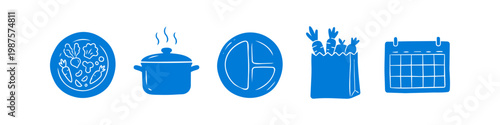 Blue hand-drawn icons for meal planning, healthy cooking, and grocery shopping. Includes a vegetable bowl, cooking pot, portion plate, paper bag with carrots, and a calendar.