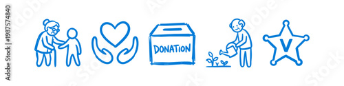 Blue hand-drawn icons for volunteering, charity, and community service. Includes donation box, helping hands, elderly care, and gardening doodles on a white background.