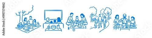 Blue line art illustrations showing happy family activities: picnic, watching TV, playing a board game, walking in the park, and cooking together. Simple doodle style depicting domestic life.