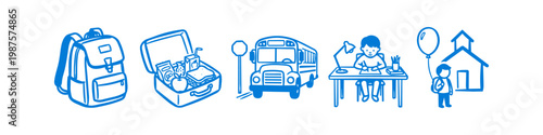 Back to school concept icons set in blue line art style, featuring a backpack, lunchbox, school bus, student at desk, and a child arriving at school building on a white background.