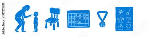 Blue vector icons illustrating child behavior management, featuring discipline, time-out, reward charts, and achievement medals for parenting, education, and positive reinforcement themes.