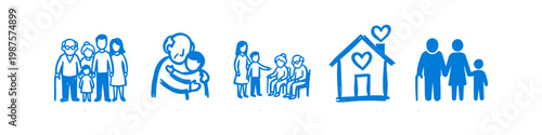 Blue hand-drawn icon set for elderly care, nursing homes, and family support. Illustrates senior assistance, aging, retirement, and multi-generational love in a minimalist doodle sketch style.