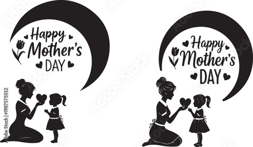  Black silhouette of mother and daughter celebrating happy mothers day with hearts and flower on white background