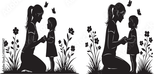 lack silhouette of a woman and a little girl in a garden with flowers and butterflies