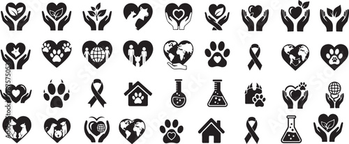  Collection of black icons representing charity, love, and care for animals, people, and the environment on a white background