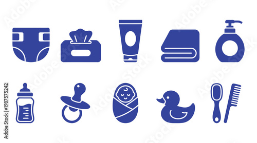 Collection of minimalist blue baby care and parenting icons including diaper, bottle, stroller, and hygiene items. Ideal for infographics, parenting blogs, healthcare apps, and educational materials.