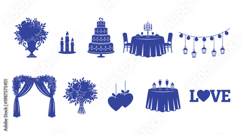 A collection of blue wedding-related icons including cake, table, flowers, and love symbols, perfect for use in wedding invitations, decorations, or marketing materials.