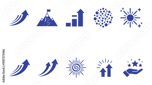 a collection of blue icons representing business growth, success, and progress, including arrows, graphs, and sunbursts, on a white background, useful for marketing, finance, and technology concepts