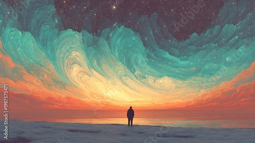 A silhouette of a person standing alone, facing a colorful sky filled with swirling clouds, and stars