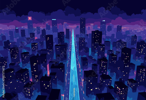 abstract poster citys street grid, where main avenues are highlighted single, bold, neonblue gradient Dark mode tech aesthetic Ample negative space No text