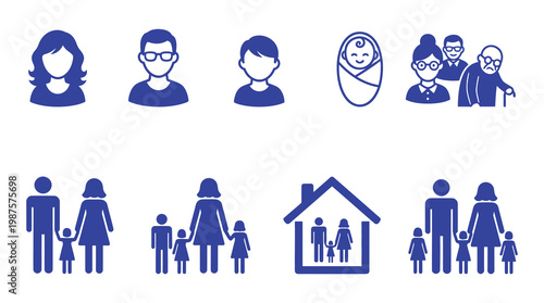 Minimalist vector illustration featuring diverse family members, parenting, and home concepts. Ideal for real estate, family planning, community, and lifestyle marketing materials.