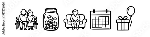 Minimalist hand-drawn doodle icons for retirement and aging themes, featuring an elderly couple, savings jar, senior man, calendar, and a birthday gift with a balloon on a white background.