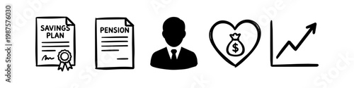 Set of hand-drawn financial icons representing savings plans, pension documents, professional advice, and wealth growth. Ideal for retirement planning and investment concepts.