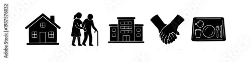Set of icons representing elderly care, nursing home services, home assistance, community support, and nutrition for seniors in a clean black and white silhouette style.