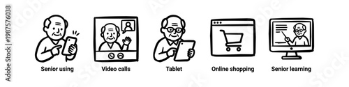 Hand-drawn icons of a senior man using technology for video calls, online shopping, learning, and mobile apps. Perfect for illustrating digital literacy and elderly tech adoption.