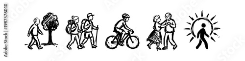 Hand-drawn ink sketches of active seniors enjoying lifestyle activities: walking in nature, hiking, cycling, and ballroom dancing. Promoting healthy aging and wellness concepts.